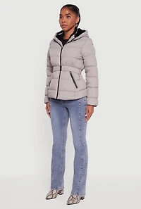Womens Faux Fur Lined Hooded Puffer Jacket with Belt, Grey, Size S