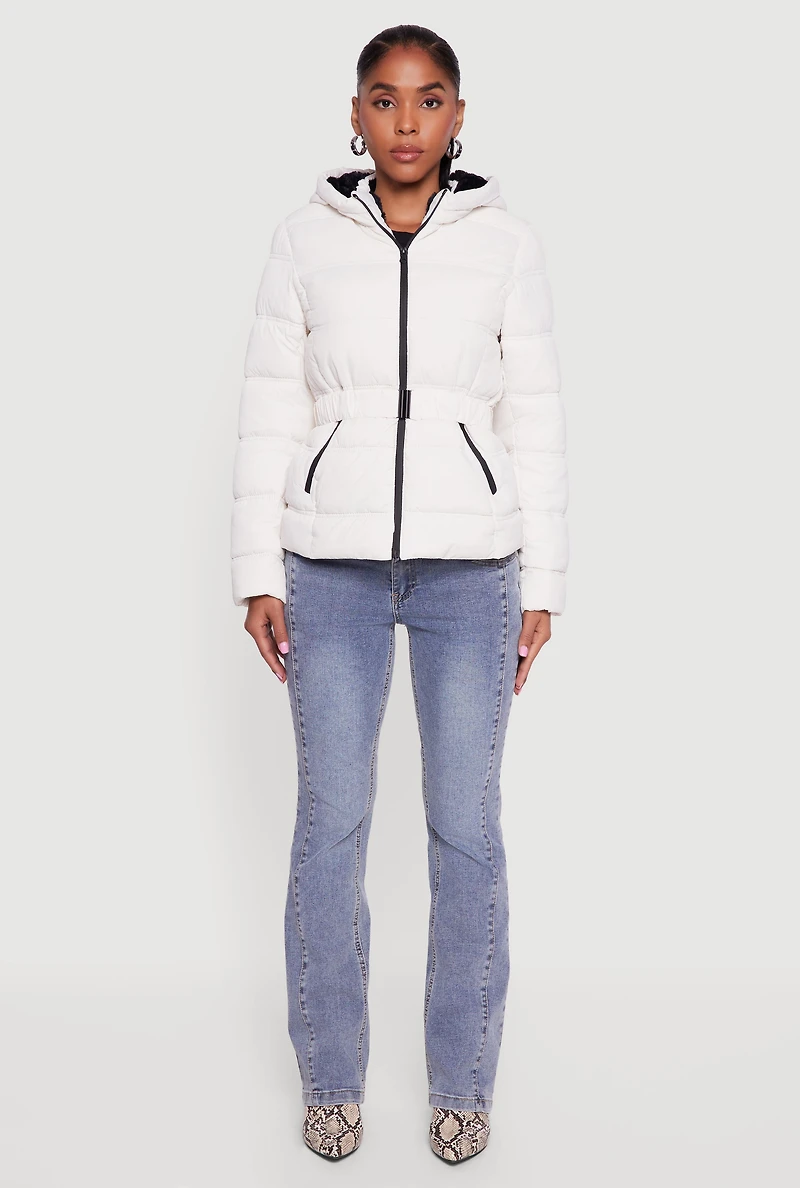 Faux Fur Lined Hooded Puffer Jacket with Belt