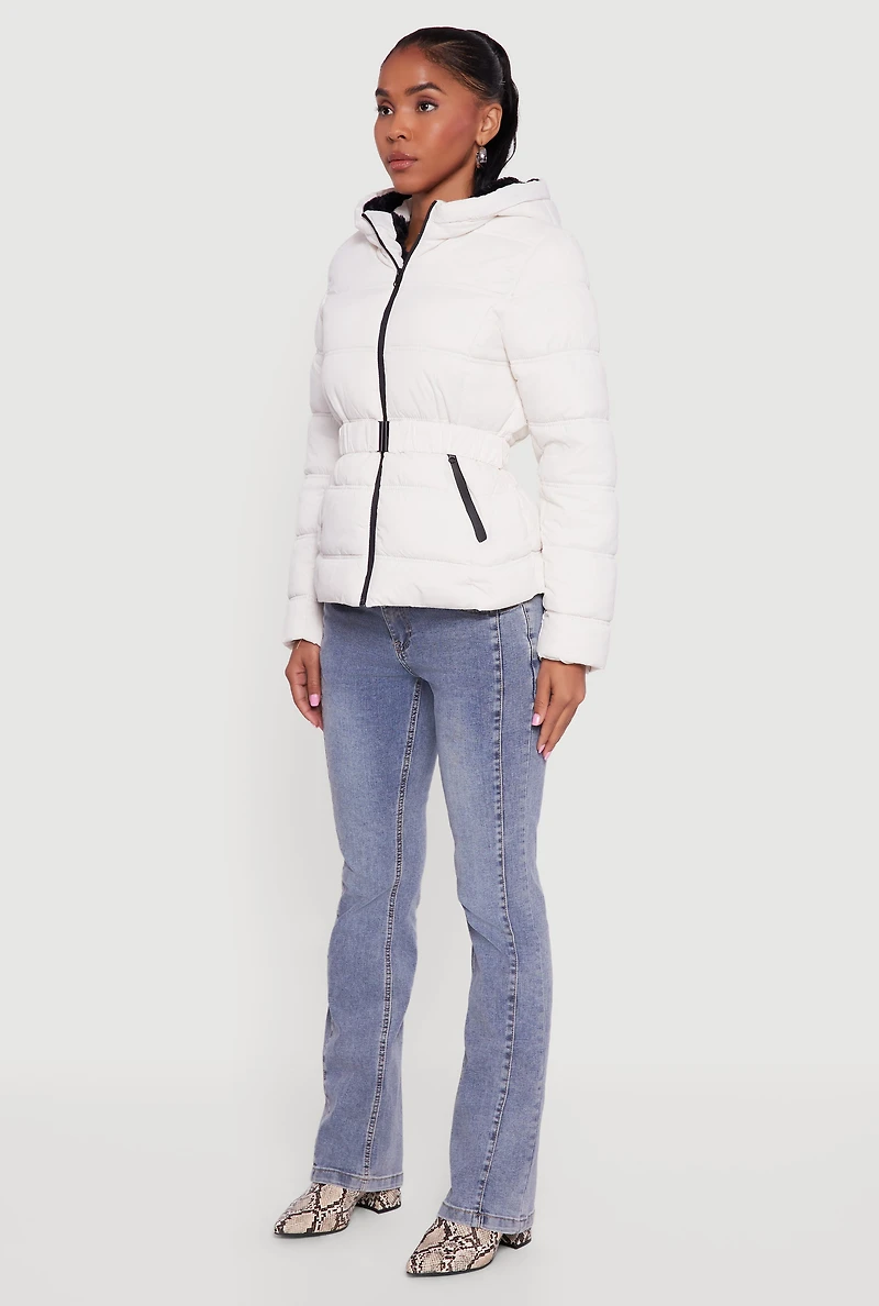 Faux Fur Lined Hooded Puffer Jacket with Belt