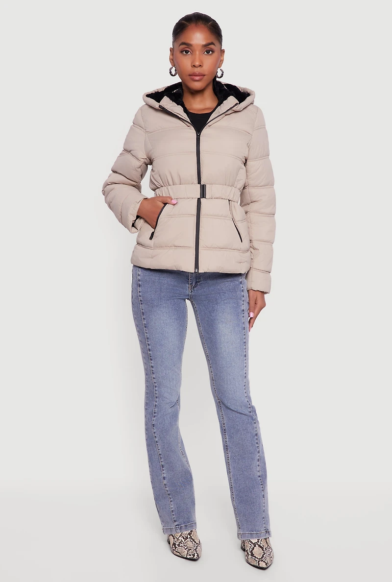 Womens Faux Fur Lined Hooded Puffer Jacket with Belt,