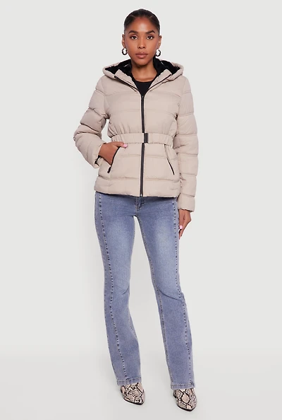 Womens Faux Fur Lined Hooded Puffer Jacket with Belt,