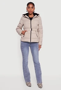 Faux Fur Lined Hooded Puffer Jacket with Belt