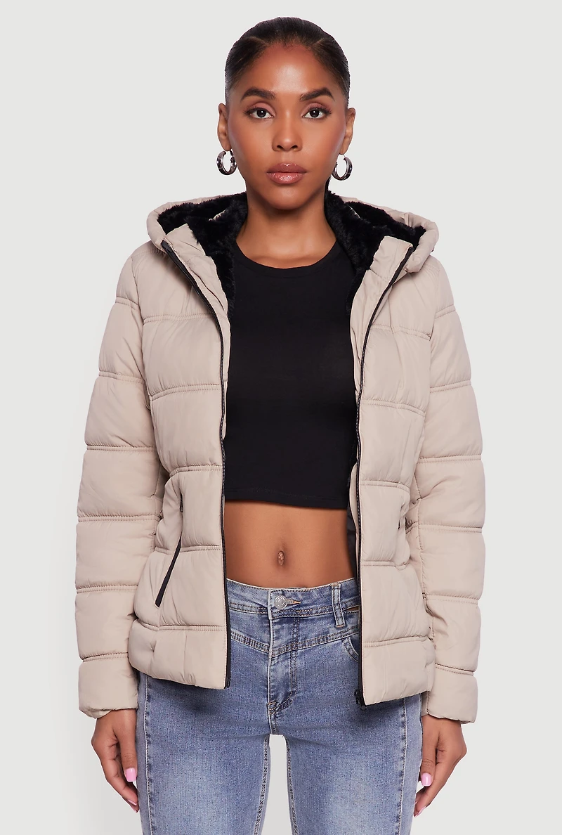 Faux Fur Lined Hooded Puffer Jacket with Belt