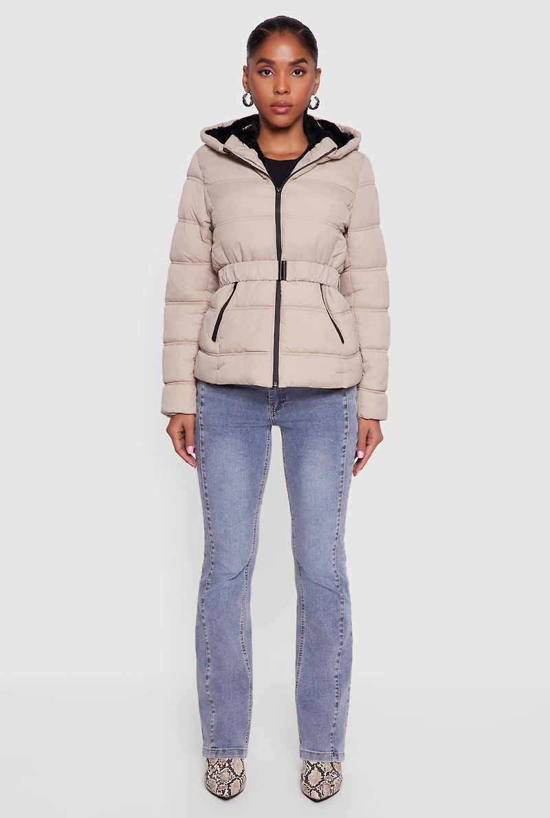 Womens Faux Fur Lined Hooded Puffer Jacket with Belt,