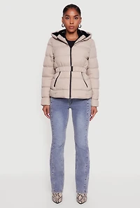 Womens Faux Fur Lined Hooded Puffer Jacket with Belt,