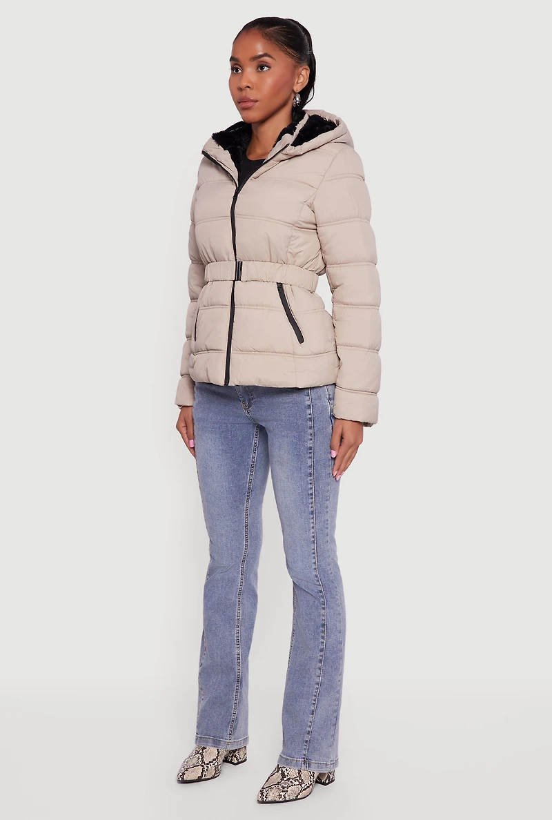 Womens Faux Fur Lined Hooded Puffer Jacket with Belt,