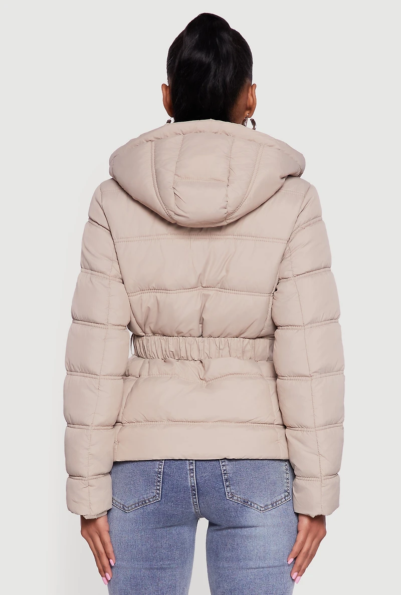 Faux Fur Lined Hooded Puffer Jacket with Belt