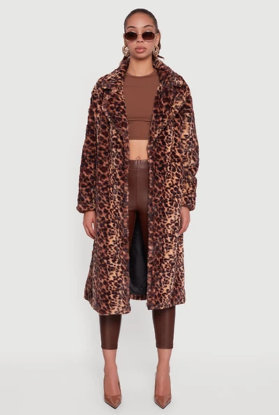 Womens Patterned Faux Fur Trench Coat, Brown, Size S