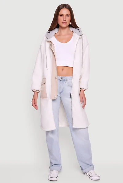 Womens Snap Button Zip Front Sherpa Coat with Removable Hood, L