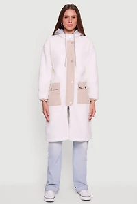 Womens Snap Button Zip Front Sherpa Coat with Removable Hood, L