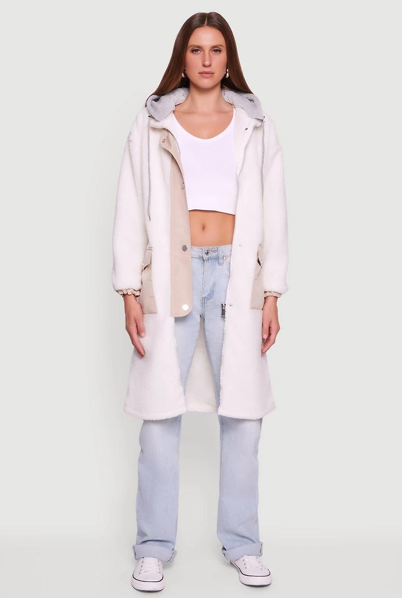 Womens Snap Button Zip Front Sherpa Coat with Removable Hood, Beige, Size L