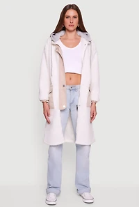 Snap Button Zip Front Sherpa Coat with Removable Hood