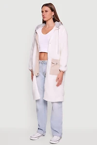 Snap Button Zip Front Sherpa Coat with Removable Hood