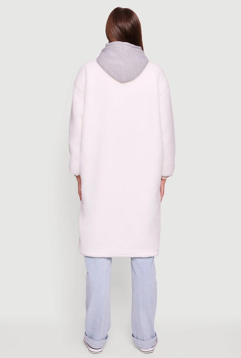 Womens Snap Button Zip Front Sherpa Coat with Removable Hood, L