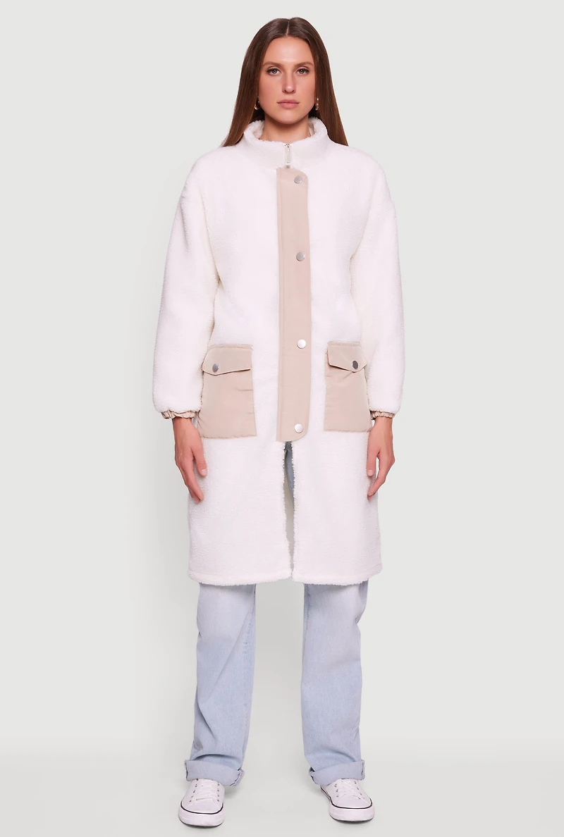 Womens Snap Button Zip Front Sherpa Coat with Removable Hood, L