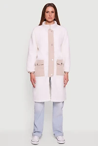 Snap Button Zip Front Sherpa Coat with Removable Hood