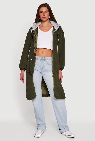 Snap Button Zip Front Sherpa Coat with Removable Hood
