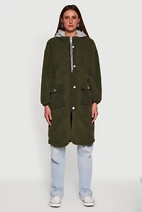 Snap Button Zip Front Sherpa Coat with Removable Hood
