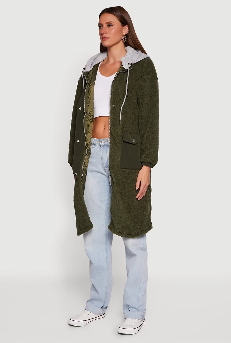 Snap Button Zip Front Sherpa Coat with Removable Hood