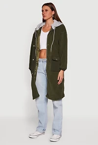 Snap Button Zip Front Sherpa Coat with Removable Hood
