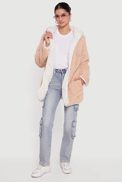 Hooded Color Blocked Reversible Sherpa Jacket