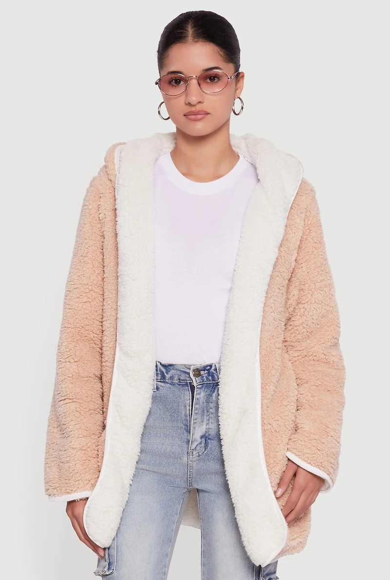 Hooded Color Blocked Reversible Sherpa Jacket