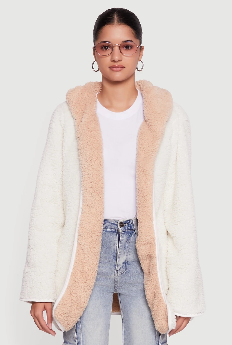 Hooded Color Blocked Reversible Sherpa Jacket