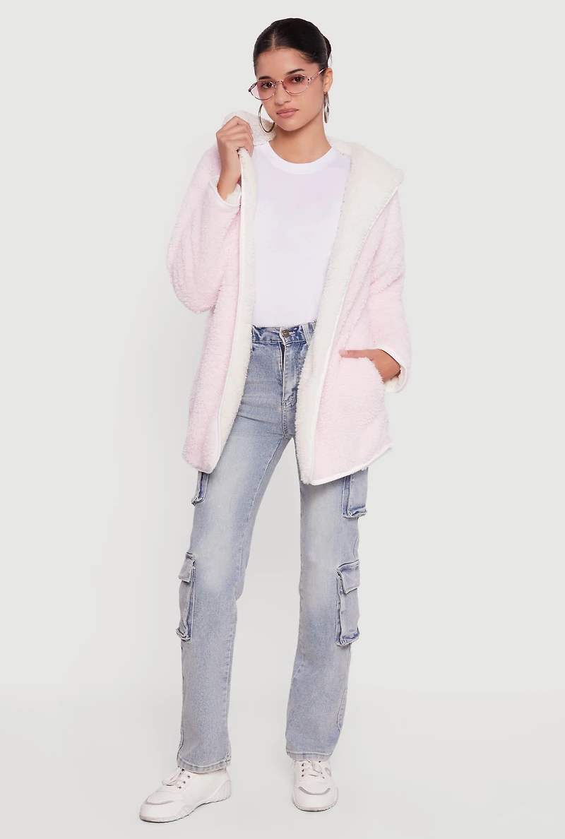 Hooded Color Blocked Reversible Sherpa Jacket