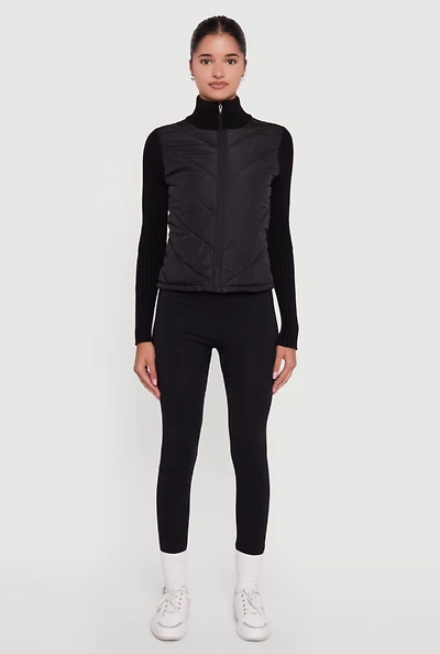 Womens Quilted Puffer Jacket with Ribbed Knit Sleeves, S