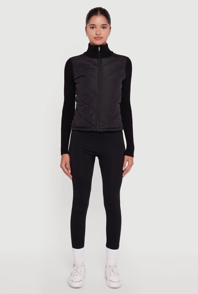 Womens Quilted Puffer Jacket with Ribbed Knit Sleeves, Black, Size S