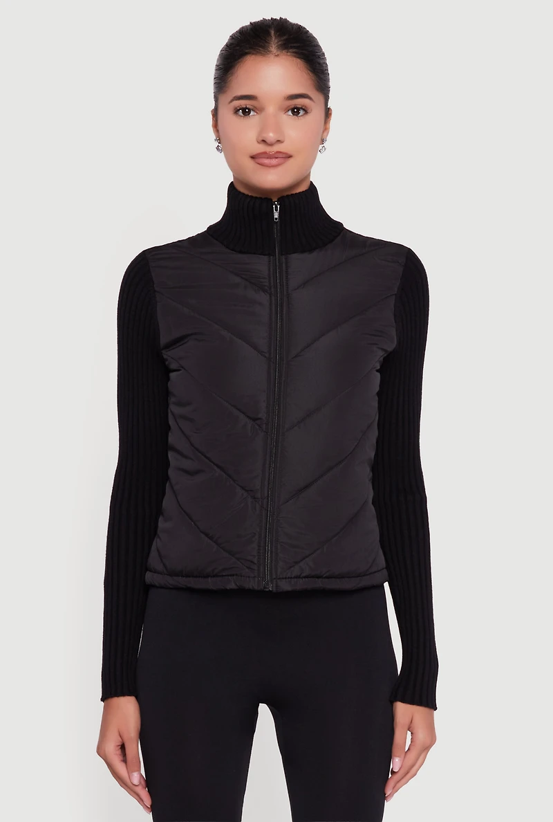 Womens Quilted Puffer Jacket with Ribbed Knit Sleeves, Black, Size S