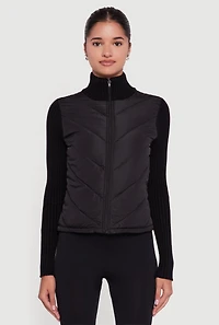 Womens Quilted Puffer Jacket with Ribbed Knit Sleeves, Black, Size S
