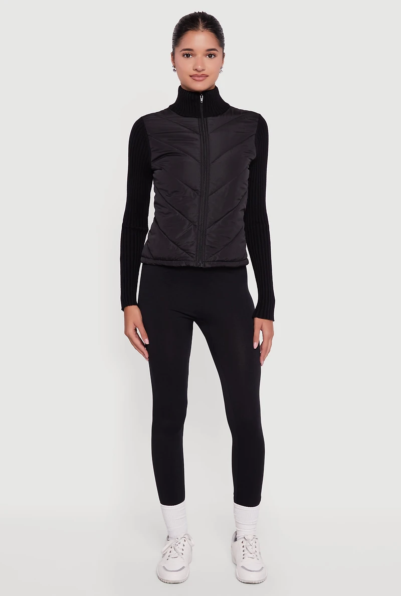 Womens Quilted Puffer Jacket with Ribbed Knit Sleeves, Black, Size S