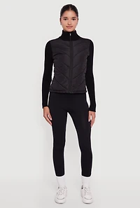 Womens Quilted Puffer Jacket with Ribbed Knit Sleeves, Black, Size S