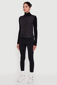 Womens Quilted Puffer Jacket with Ribbed Knit Sleeves, Black, Size S