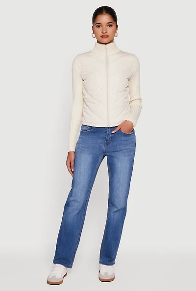 Womens Quilted Puffer Jacket with Ribbed Knit Sleeves,