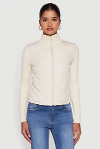 Womens Quilted Puffer Jacket with Ribbed Knit Sleeves, Beige, Size L