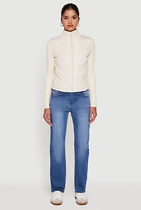 Womens Quilted Puffer Jacket with Ribbed Knit Sleeves, Beige, Size L