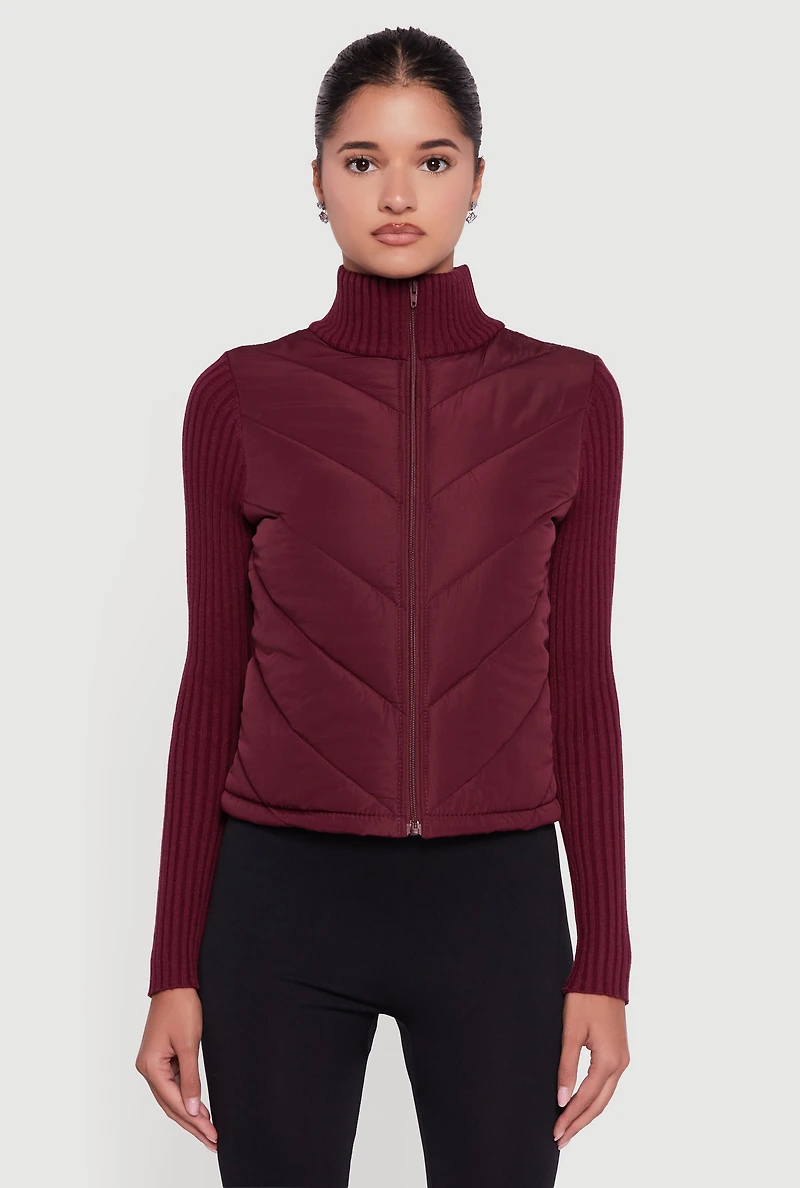 Quilted Puffer Jacket with Ribbed Knit Sleeves