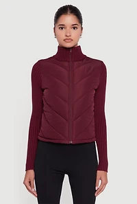 Quilted Puffer Jacket with Ribbed Knit Sleeves