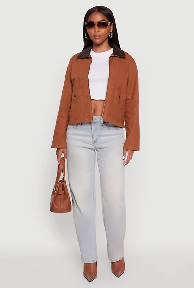 Womens Color Blocked Corduroy Collar Denim Jacket, Brown, Size S