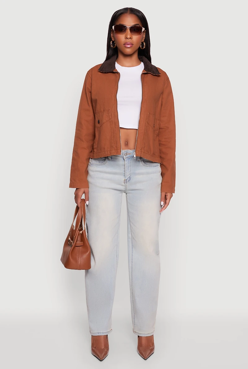 Womens Double Pocket Boxy Barn Jacket, Brown, Size L