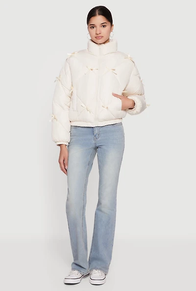 Almost Famous Bow Detail Zip Front Puffer Jacket