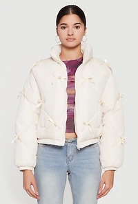 Almost Famous Bow Detail Zip Front Puffer Jacket