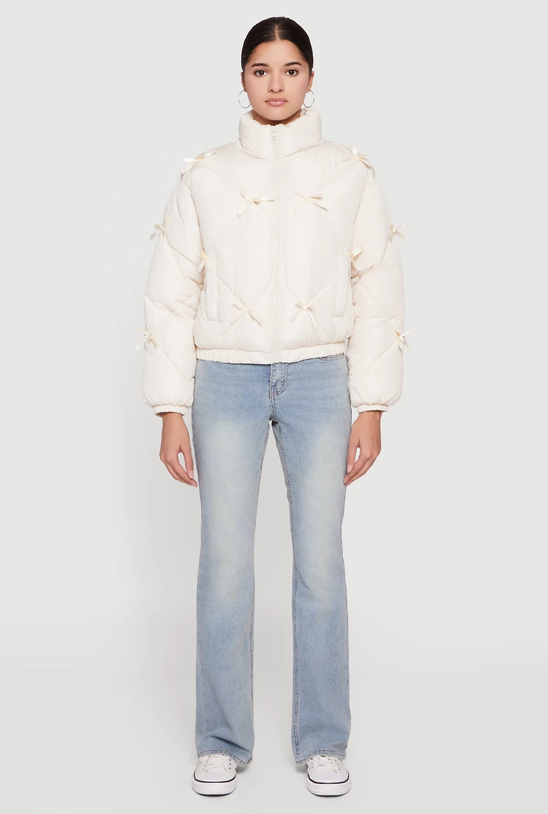 Almost Famous Bow Detail Zip Front Puffer Jacket