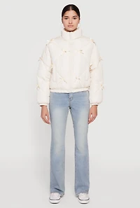 Almost Famous Bow Detail Zip Front Puffer Jacket