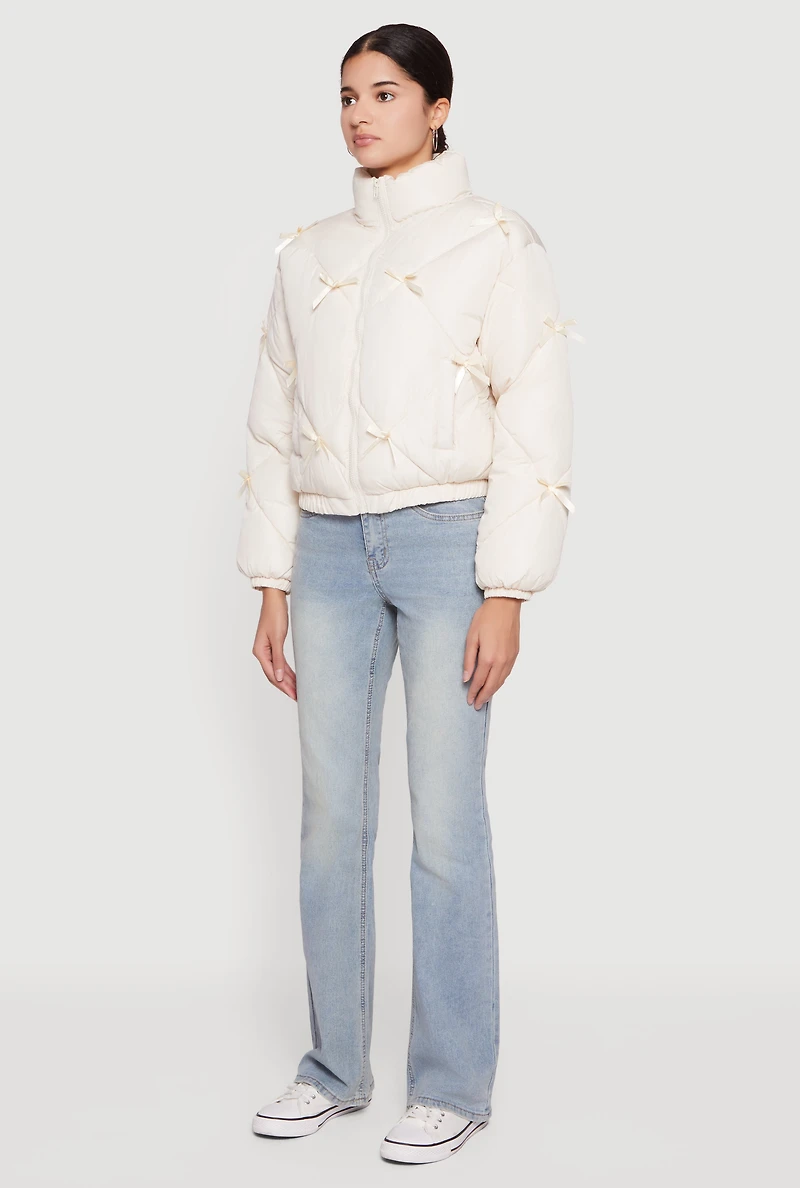 Almost Famous Bow Detail Zip Front Puffer Jacket