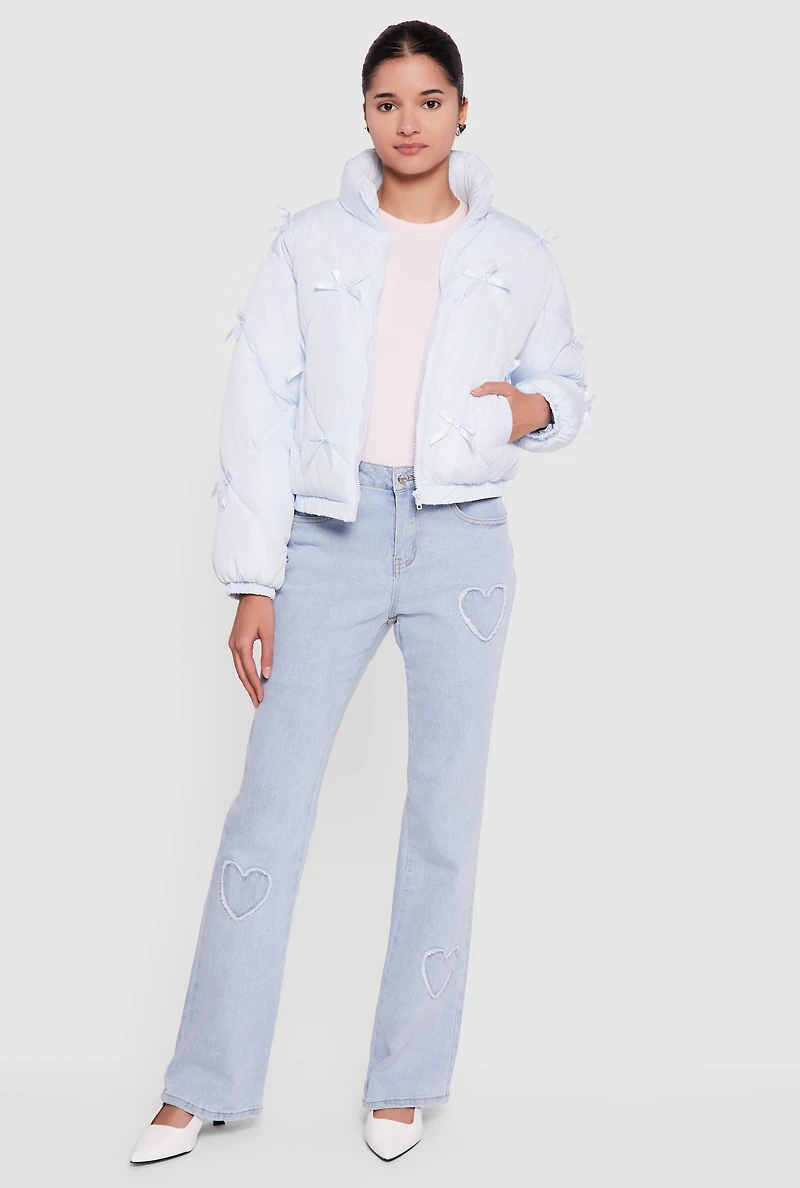 Almost Famous Bow Detail Zip Front Puffer Jacket