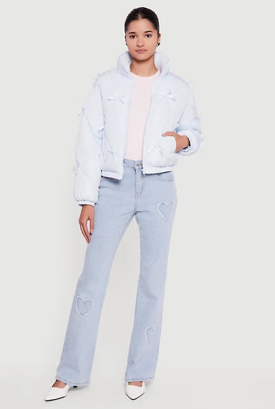 Almost Famous Bow Detail Zip Front Puffer Jacket