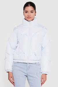 Almost Famous Bow Detail Zip Front Puffer Jacket